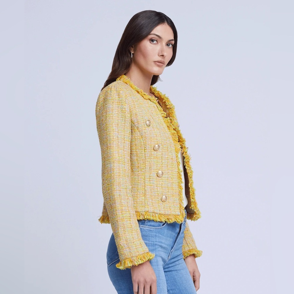 L’AGENCE Tinlee Blazer in Yellow Multi Tweed open front jacket Chanel-like, sz 0 - Picture 6 of 17